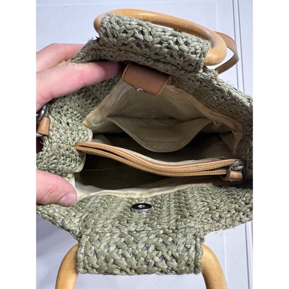 Fossil Green Weave Crochet Wooden Handles Hobo Bag Purse Woven Crossbody Strap - Picture 4 of 6